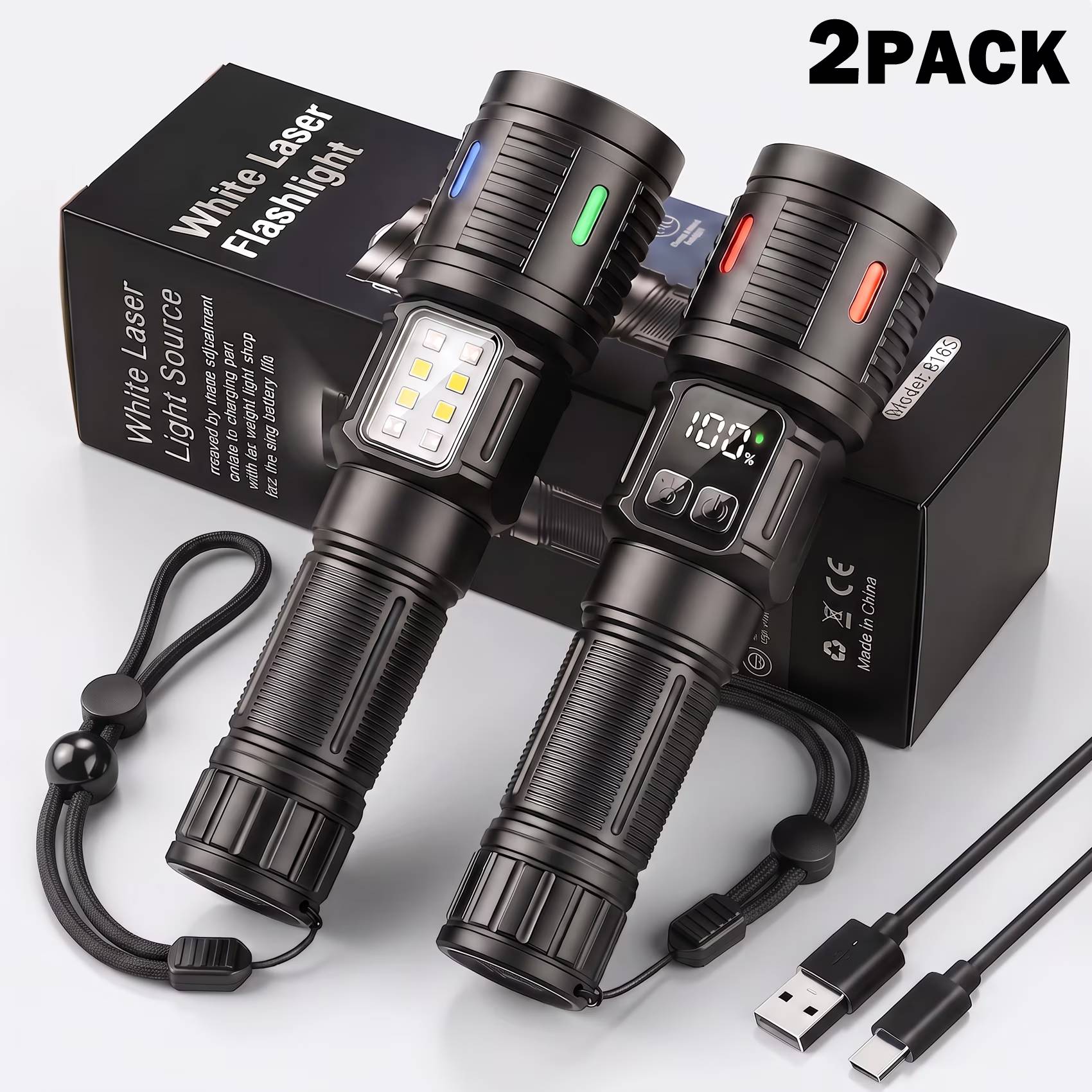🔦 **Bright Light with Adjustable Focus**
Built with a high-output P70 LED chip, this rechargeable LED flashlight is rated up to 180,000 lumens. Its sliding zoom design lets you change from a concentrated long-range spotlight reaching up to 3,500 ft to a broad flood beam covering up to 3,000 sq. ft.

💡 **6 Useful Lighting Modes**
Dual independent switches make operation simple. Choose High, Medium, or Strobe for the main light, or use the COB side light in White, Red, or Red-Blue Flash mode. The COB work light is ideal for close-range illumination, roadside visibility, camping, repairs, and power outages.

🧲 **Magnetic Hands-Free Lighting**
Attach the strong magnetic tail to compatible steel surfaces and direct the COB side light toward your work area. This magnetic flashlight is especially useful for car maintenance, garage projects, workshops, electrical outages, and other situations where both hands are needed.

🔋 **Fast Recharge with Real-Time Power Display**
The USB-C rechargeable flashlight can be fully charged in about 2 hours with a compatible power source. A digital battery display clearly shows the remaining power percentage, while the rechargeable battery provides approximately 7–12 hours of runtime depending on brightness mode and operating conditions.

🌧️ **Compact and Ready for Outdoor Use**
At only 0.27 lb, this lightweight portable flashlight fits easily into a backpack, emergency kit, drawer, or vehicle storage compartment. The textured non-slip body, IPX6 water-resistant construction, fluorescent head accents, and included black nylon wrist lanyard make it suitable for camping, hiking, fishing, night walking, roadside repair, and everyday home use.

📦 **Package Includes**

2 × Rechargeable Flashlight
2 × USB-C Charging Cable
2× Black Nylon Wrist Lanyard
1 × Retail Packaging Box