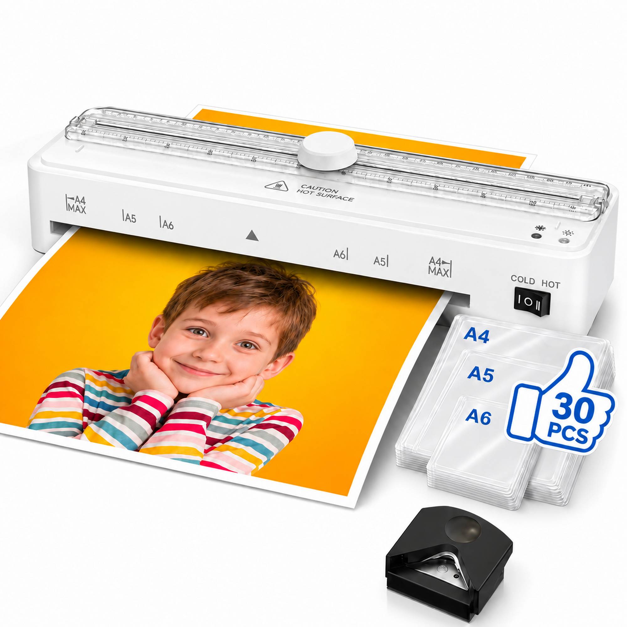 Equip your workspace with the GOLDLEMON 9-Inch Thermal Laminator Machine, available in sleek black or crisp white to match any educator's classroom, home office, or DIY crafting station. This comprehensive lamination kit provides everything needed for immediate use, featuring an ultra-fast 90-second warm-up time to enhance your productivity. The dual hot and cold lamination modes deliver smooth, bubble-free results for standard documents or heat-sensitive materials. Say goodbye to ruined papers with the built-in ABS jam-release button, which allows you to safely clear misfed items instantly. Complete with a built-in paper cutter, a photo corner rounder, and 30 premium laminating pouches (10 A4, 10 A5, and 10 A6 sizes), this compact personal laminator is an essential tool for providing professional-grade document protection.
