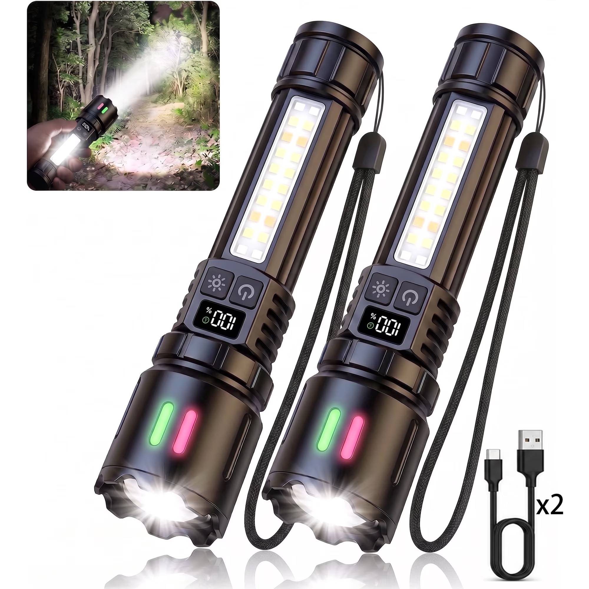 🔦 Bright Lighting Wherever Life Takes You
This 2 Pack Rechargeable Flashlight Set combines powerful illumination, compact portability, and versatile lighting modes for home, outdoor adventures, and everyday preparedness.
Each flashlight features a bright LED main beam for focused lighting and a multi-mode COB side light for wide coverage and close-range tasks. Whether you're camping, hiking, walking the dog, checking equipment, or dealing with unexpected power outages, this flashlight delivers dependable performance in a compact design.

💡 Dual Lighting System for More Ways to Use
The front flashlight beam provides High, Low, and Flash modes for outdoor trails, night use, and long-range visibility. The COB side light includes White High, White Low, Yellow, and Red Flash modes, offering flexible lighting for tents, workspaces, reading, or low-light environments.

🎛 Independent Controls, Easier Operation
Unlike traditional flashlights with complicated mode cycling, this flashlight uses two independent switches to control the main beam and COB side light separately. Fast access and simple operation make it more convenient during everyday and outdoor use.

🔋 Rechargeable & Ready
Powered by a 3000mAh rechargeable battery, this flashlight supports USB-C charging and features a digital power display so you can easily monitor remaining battery life. Runtime ranges from approximately 6–12 hours, depending on selected mode.

🌧 Built for Daily Carry & Outdoor Conditions
Constructed with a durable aluminum alloy body, IPX6 waterproof protection, and glow locator strips on the flashlight head, this flashlight is designed for camping, hiking, home emergency kits, car storage, and everyday carry.