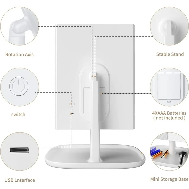 Juyafio Makeup Mirror Vanity Mirror with 52 LED Lights, 1x 2X 3X Magnification, Trifold Lighted Makeup Mirror, Touch Control, with 360 Degree Adjustable Stand Portable (White).
Why do you choose the Juyafio beauty mirror? Its fashionable design, multi-function, and novel ideas are soon fascinated by many customers.Juyafio makeup mirror,3 Panels magnifying, and a wide-angle viewing for you to see your facial features make a perfect makeup with each detail taken care of.
. 360 Degree Rotation
. 3 Magnification Modes：1X/2X/3X
. Dual Power Supply：USB charging cable or 4 AAA batteries
. Tri-fold and Detachable
. Bottom Tray and LED Design