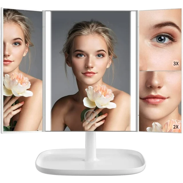 Juyafio Makeup Mirror Vanity Mirror with 52 LED Lights, 1x 2X 3X Magnification, Trifold Lighted Makeup Mirror, Touch Control, with 360 Degree Adjustable Stand Portable (White).
Why do you choose the Juyafio beauty mirror? Its fashionable design, multi-function, and novel ideas are soon fascinated by many customers.Juyafio makeup mirror,3 Panels magnifying, and a wide-angle viewing for you to see your facial features make a perfect makeup with each detail taken care of.
. 360 Degree Rotation
. 3 Magnification Modes：1X/2X/3X
. Dual Power Supply：USB charging cable or 4 AAA batteries
. Tri-fold and Detachable
. Bottom Tray and LED Design
