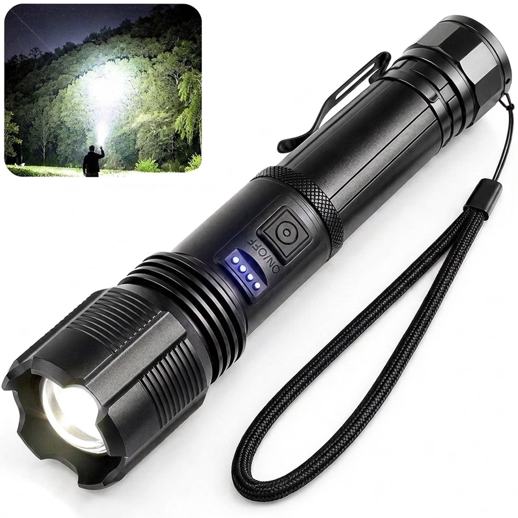 🔥The New super universal flashlight has really arrived！Say goodbye to the hassle of buying batteries and disposing of industrial waste🔥
✅Powerful Illumination: The TEENHAO high-lumen rechargeable flashlight uses a high-output XHP70.3 LED to provide bright, dependable lighting for home, outdoor and emergency use.

Its push-pull mechanical zoom switches smoothly between a concentrated spotlight reaching up to 3,000 ft and a broad floodlight covering up to 3,000 sq. ft. with up to 180-degree wide lighting. Use the focused beam to check distant trails, property, roads or dark outdoor areas, then widen the beam to illuminate a campsite, backyard, garage, workshop or room.

✅Flexible Modes and Reliable Power: Five lighting modes, including High, Medium, Low, Strobe and SOS, make this zoomable tactical flashlight ready for everyday tasks and unexpected situations. Press the switch to change modes, or press and hold from any mode to turn the flashlight off directly.
The USB-C rechargeable flashlight reaches a full charge in approximately 2 hours and provides about 8 to 12 hours of runtime depending on the selected mode and operating conditions. A convenient 4-level battery indicator displays 25%, 50%, 75% and 100% remaining power, helping you know when it is time to recharge.

✅Built for Everyday Carry: This IPX7 waterproof flashlight features a full aluminum-alloy body, textured anti-slip grip and impact-resistant construction for rain, splashes and demanding daily use. Weighing only 181 g, or approximately 0.4 lb, the compact handheld flashlight is easy to carry with the integrated pocket clip or included nylon wrist strap.
✅Store it in a backpack, glove box, toolbox, drawer or emergency kit for camping, hiking, fishing, caving, dog walking, car repair, patio lighting, power outages and roadside emergencies. Whether you need a camping flashlight, emergency flashlight, portable LED flashlight or long-range tactical flashlight, TEENHAO combines focused distance lighting and practical wide-area illumination in one lightweight design.