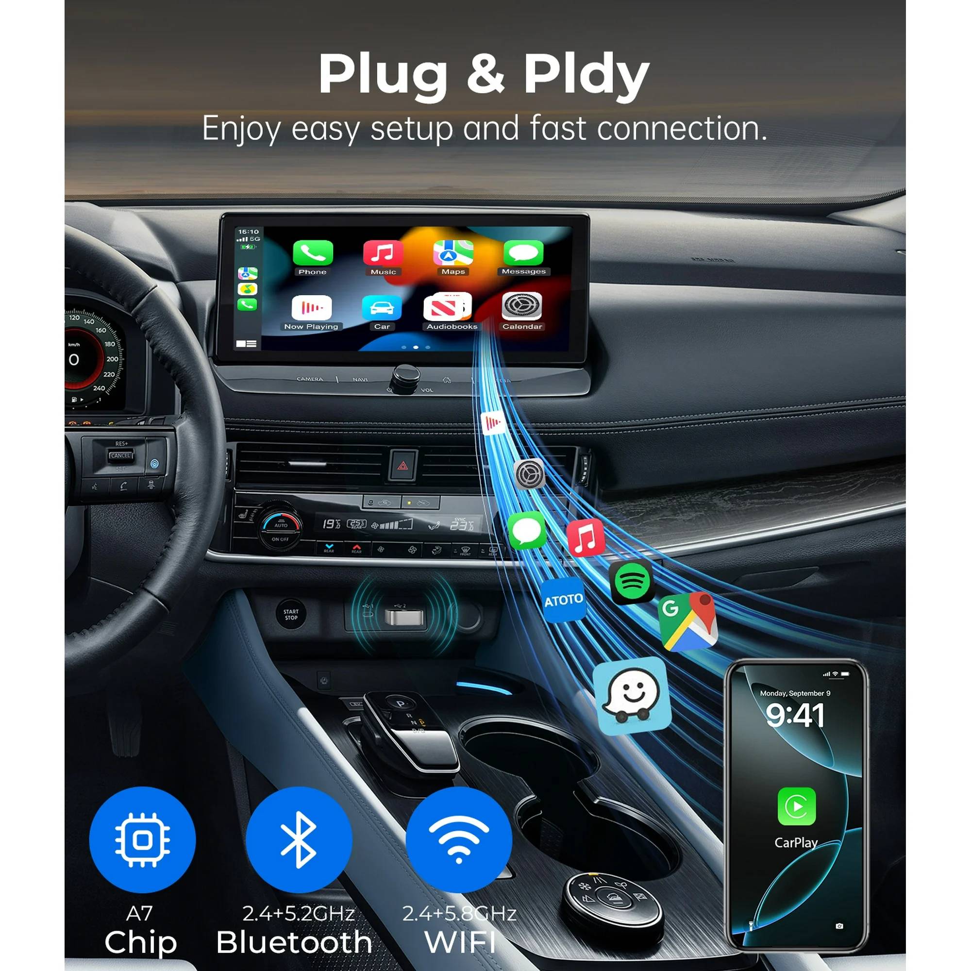 Wireless Performance: Utilizes 5.8GHz WiFi and Bluetooth 5.3 for ultra-high speed, 0 latency CarPlay, ensuring real-time navigation updates and synchronized audio/calls.
Seamless Connectivity: Offers plug-and-play functionality with automatic connection to your iPhone every time the car starts, requiring no apps or drivers.
Robust Design: Features an A7 smart chip for stable performance across a wide temperature range (-20C to 70C) and an aircraft-grade aluminum alloy build for enhanced heat dissipation.
Broad Compatibility: Supports 98% of models with wired CarPlay, iPhone 6 and newer, and iOS 10+, with free online updates.
Integrated Functionality: Retains full CarPlay features including maps, messages, voice control, and steering wheel/touch screen operation for a safe driving experience.
Compact Aesthetics: Its design is 50% smaller than traditional adapters, integrating seamlessly into the car interior for a clean, wire-free appearance.