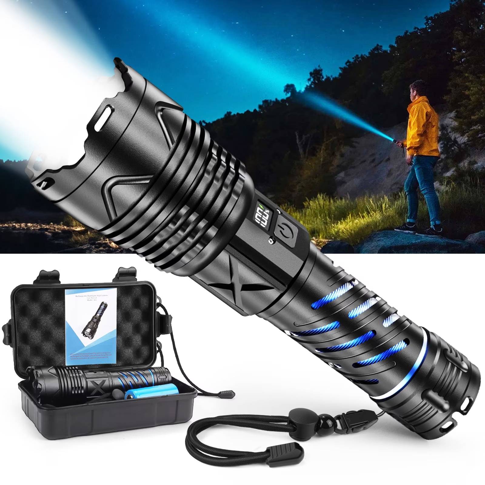 ✅【High Lumen LED Flashlight】Provides bright and consistent illumination for everyday use. Suitable for home lighting, outdoor activities, and emergency situations such as power outages.
✅【5 Light Modes for Different Needs】Includes high, medium, low, flashing mode, Easily switch between modes to adapt to various environments and lighting requirements.
✅【USB-C Rechargeable & Long Runtime】Built-in 6000mAh rechargeable battery with USB-C fast charging. Offers extended usage time for daily and outdoor use. Battery level indicator allows you to check remaining power easily.
✅【Portable Design with Emergency Power Function】Compact and lightweight for easy carrying in a bag, car, The USB output port can be used to provide backup power for small devices when needed.
✅【Durable & Water-Resistant Construction】Made with aluminum alloy housing for reliable everyday use. IPX67 water resistance helps protect against rain and splashes during outdoor activities.
❤️【All-weather support】If you have any questions, please feel free to contact us. We are at your service 24 hours a day