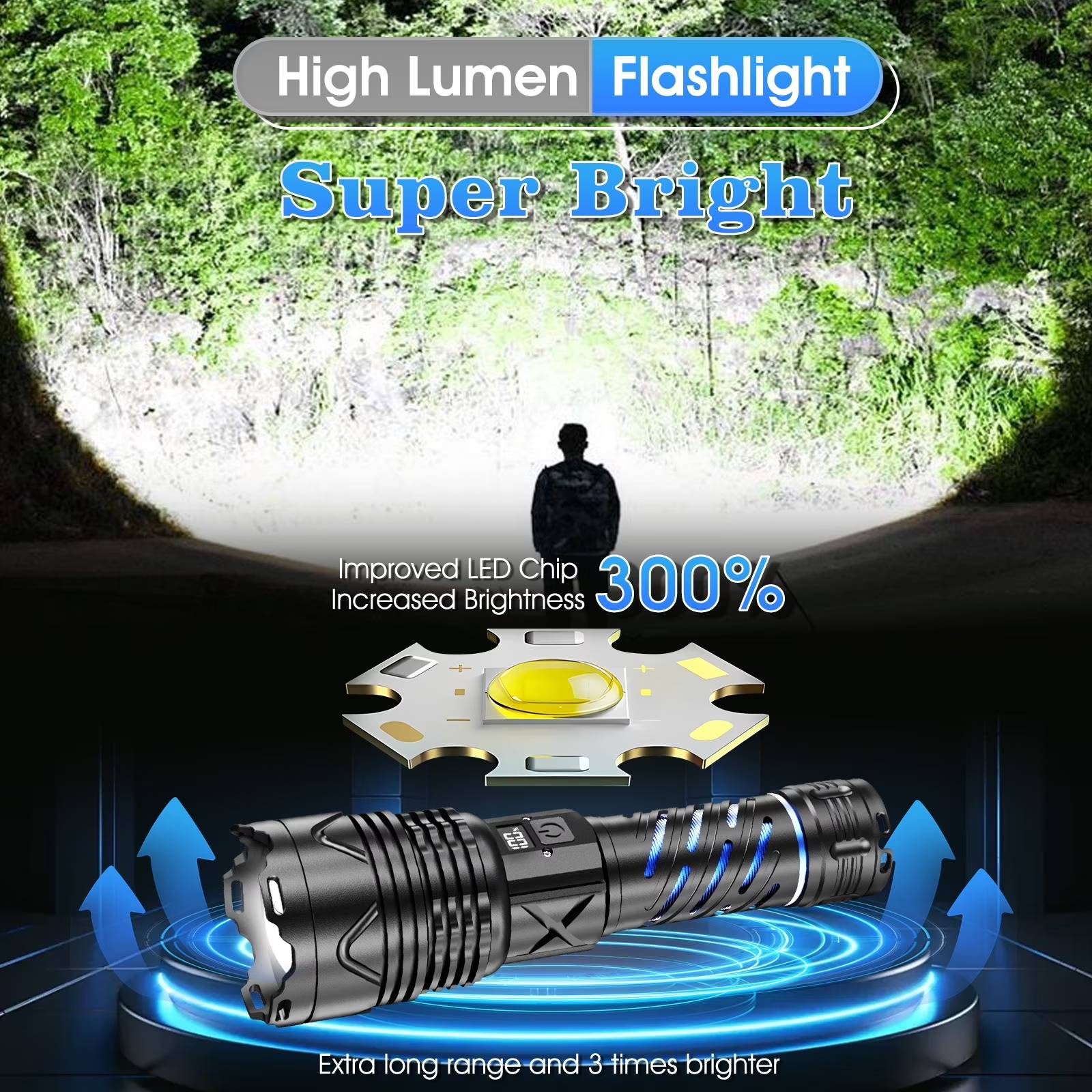✅【High Lumen LED Flashlight】Provides bright and consistent illumination for everyday use. Suitable for home lighting, outdoor activities, and emergency situations such as power outages.
✅【5 Light Modes for Different Needs】Includes high, medium, low, flashing mode, Easily switch between modes to adapt to various environments and lighting requirements.
✅【USB-C Rechargeable & Long Runtime】Built-in 6000mAh rechargeable battery with USB-C fast charging. Offers extended usage time for daily and outdoor use. Battery level indicator allows you to check remaining power easily.
✅【Portable Design with Emergency Power Function】Compact and lightweight for easy carrying in a bag, car, The USB output port can be used to provide backup power for small devices when needed.
✅【Durable & Water-Resistant Construction】Made with aluminum alloy housing for reliable everyday use. IPX67 water resistance helps protect against rain and splashes during outdoor activities.
❤️【All-weather support】If you have any questions, please feel free to contact us. We are at your service 24 hours a day