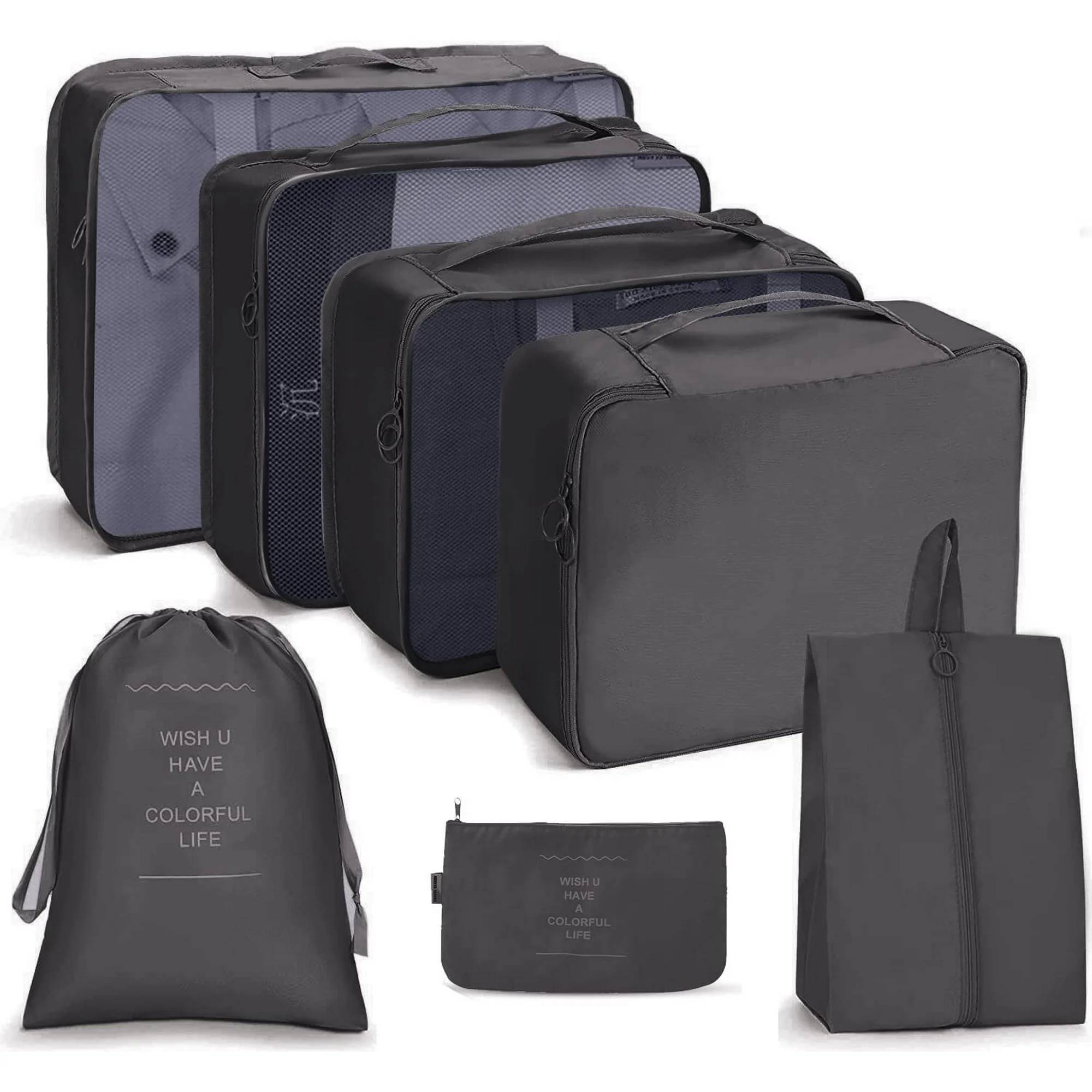 Packing Cubes for Travel, 7Pcs Travel Cubes Set Foldable Suitcase Organizer Lightweight Luggage Storage Bag.

Features:
7 Pcs Super Value Travel Packing Set: The sets include 3 travel packing cubes with a see-through mesh top for clothes, 1 private cube for bras and underwear, 1 travel shoe bag, 1 toiletry bag, 1 laundry bag for dirty clothes and 1 flat bag for small items, like socks, electronic accessories or keys.

Specification:
Material: Nylon, Linen
Colour: Black
Closure Type: Buckle

Package Includes:
1 x Large net bag: 15.3 * 11.4 * 3.9 inch
1 x Medium net bag: 12.2 * 9.8 * 3.9 inch
1 x Small mesh bag: 11.8 * 8.26 * 3.9 inch
1 x Shoe bag: 13.7 * 10.6 * 3.9 inch
1 x Underwear Storage bag: 12.2 * 7.87 * 3.9 inch
1 x Elastic drawstring bag: 13.7 * 10.6 inch
1 x Digital bag: 9.7 * 16.2 inch