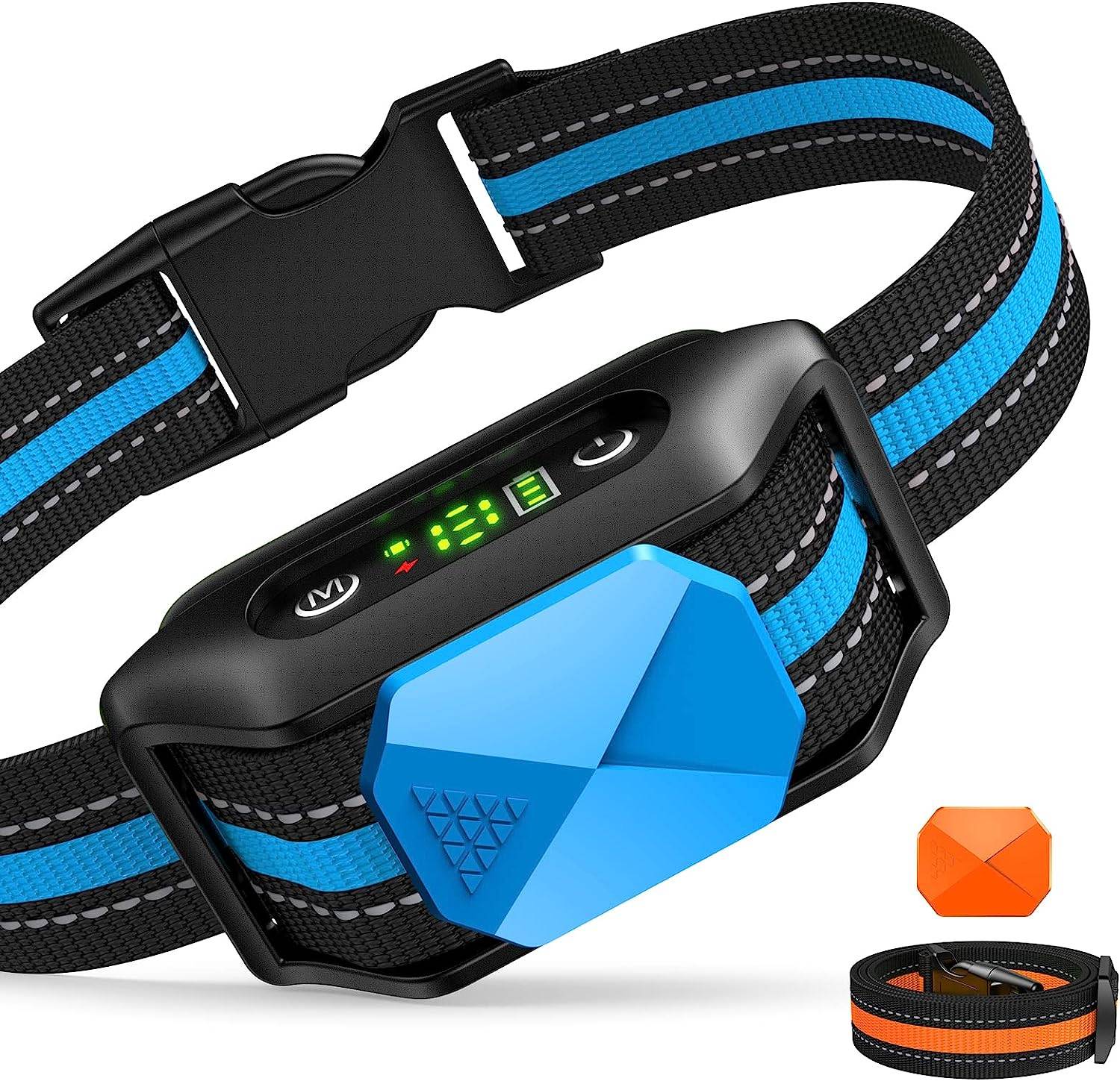 Two training modes, 5 levels of adjustable sensitivity, different dogs have different levels of barking, so we set different sensitivity levels. The higher the sensitivity level set by the dog bark collar, the more sensitive the dog bark will be, and the better the effect will be. The barking collar allows the collar to be used in any weather conditions. Because rain protection works effectively even in wet weather, you can now walk your dog anytime, anywhere, but not for swimming. You can keep an eye on your pets even in low visibility conditions, and also protect your pets from cars, etc.<br /><br />

Features:<br />
. 5 levels sensitivity adjustment, sound + vibration stop and anti-barking function.<br /><br />
. The anti barking training shock Collar works in automatic mode, in which sounds and vibrations are combined to effectively and safely stop the barking. Useful when you are not at home and your dog stays alone.<br /><br />
. Our rechargeable barking collar control device contains an integrated rechargeable battery, and can be fully charged in 2 hours for up to 15 days of work time. There are 3 green horizontal bars which shows the battery volume, easy to remind you to charge.<br /><br />
. The bark collar is adjustable for dogs weighing 6 to 150 lbs with a neck size of 23.6 inches Max. Adjust the strap according to the size of your dog.<br /><br />

Package list:<br />
1 x Bark Collar<br />
1 x Extra Replacement Collar<br />
1 x USB Charging Cable<br />
1 x Test Light<br />
1 x User Manual<br />
4 x Contact Points<br />
4 x Conductive Silicone<br /><br />

Warm Tips:<br />
. Must use Conductive Silicone to protect your dog's skin.<br />
. Long Contact Points design is better for hairy dogs.<br />