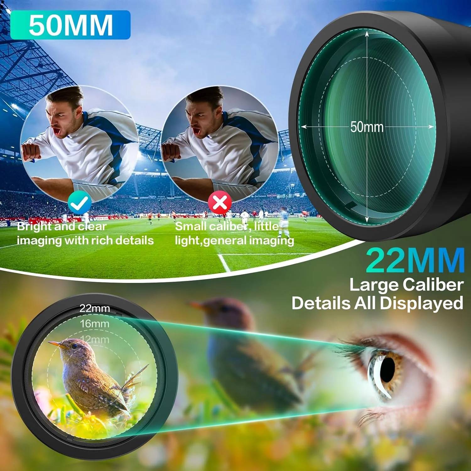 aims to provide professional optical equipment for every explorer! Once you pick up a pair of binoculars for the first time and set out on the road to distance, you'll never stop. Our waterproof binoculars are designed with 12x high power magnification and a 50mm wide angle lens, providing a large field of view of 305ft/1000yds when in use. These binoculars feature night vision capability, large BAK4 prism, fully multi-coated objective lens and eyepiece, enabling adventurers to observe targets clearly even in low-light environments such as cloudy or dusk settings.This birding binocular is compact, non-slip, fog-proof and waterproof, making it especially suitable for outdoor activities such as birding, hunting, traveling, stargazing and camping.Whether it's for an upcoming Christmas, birthday or Father's Day, it's the ideal choice for anyone looking to select a gift.

Specifications:
Brand：Juyafio
Item: Binocular
Material：Metal body with rubber coating & all-optical glass
Magnification: 12X
Objective lens diameter: 50mm
Eyepiece diameter: 22mm
Prism glass: BAK4
Focus System：Center
Center field of view：390ft / 1000 yds
Exit Pupil Diameter：7mm (Also works well in dim light)
Exit pupil distance: 16.7mm
Coating: FMC
Item Dimensions: 8.15 x 7.87 x 3.11 inches, 1.9 pounds（2-3mm difference measured by hand）.