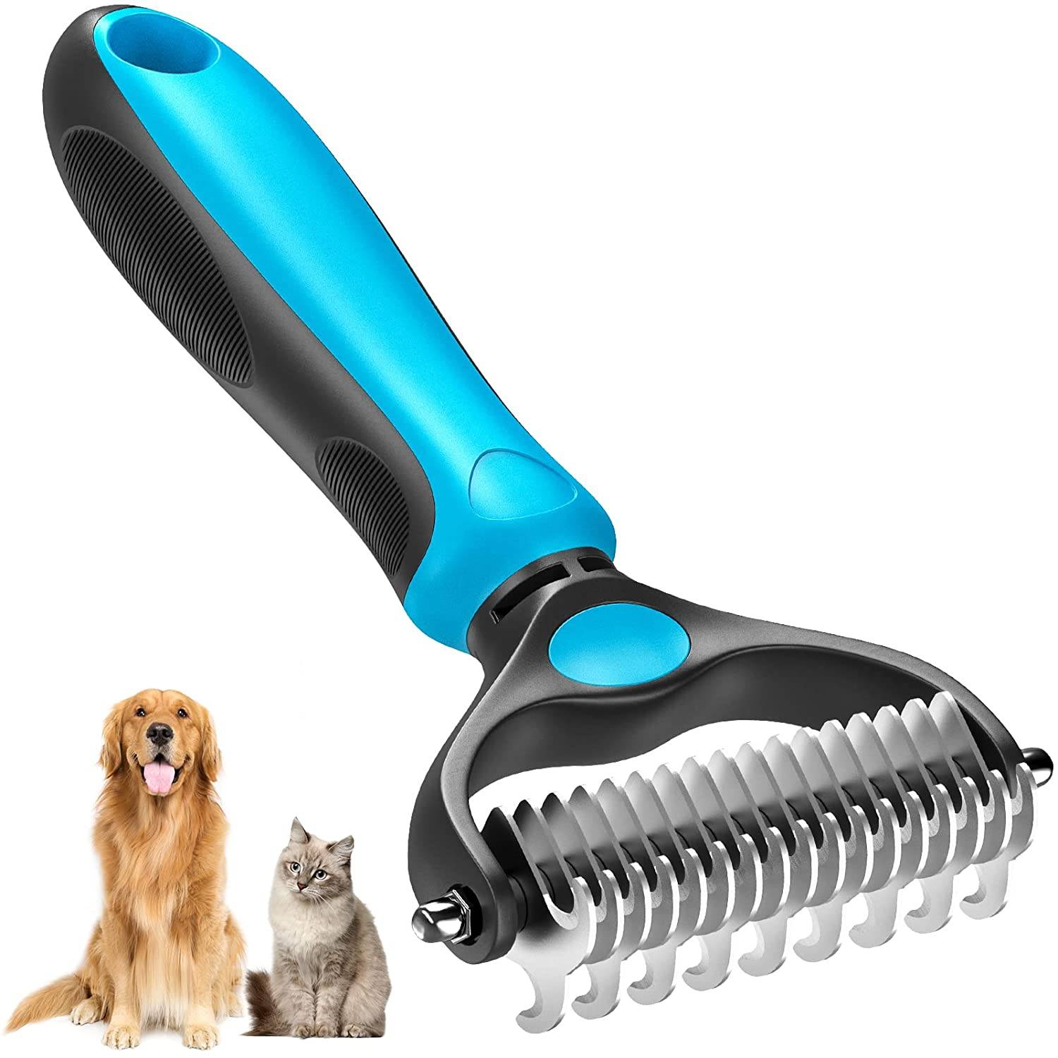 QSCQ Pet Dematting Comb Grooming Undercoat Rake 17+9 Teeth - Double Sided Designed, weight 0.47 lb .
You will be amazed at how much hair will come off after a single use imagine how your dog will love the new healthy and shiny coat after having a grooming session with our grooming tool.shedding brush. Our undercoat rake dramatically reduces shedding by up to 90% after just 1 short session. Perfect for matted, heavy shedding undercoats and extra fur. This is the perfect pet brush for daily deshedding.
Benefits from our grooming brush: Multi-purpose grooming tool - dual head design -the 9 teeth dematting side is perfect for removing mats, tangles, and knots, and the 17 teeth deshedding side is best suited for thinning and de-shedding loose hair. Stop pulling the hair out - slightly sharpened blades smoothly cut through the toughest mats. Reduce shedding regular brushing removes excess dead hair from your pet's undercoat, leaving you a clean and hair-free home. Safe for your furry friends - rounded ends teeth do not scratch or irritate the skin. Our dematting comb will leave your pet’s fur sleek, shiny and healthy, perfect for dogs, cats, horses, and rabbits with short, medium, and long coats.
Tips for Achieving the Best Grooming Results:
. Use the 9-teeth side to go over the coat a few times, until you’re pulling out less and less hair from the brush;
. Comb with the 17-teeth side to thin and de-shed undercoat and remove more loose hair;
. Pick out the small tangles or mats with our dog metal comb that the teeth can’t get through.