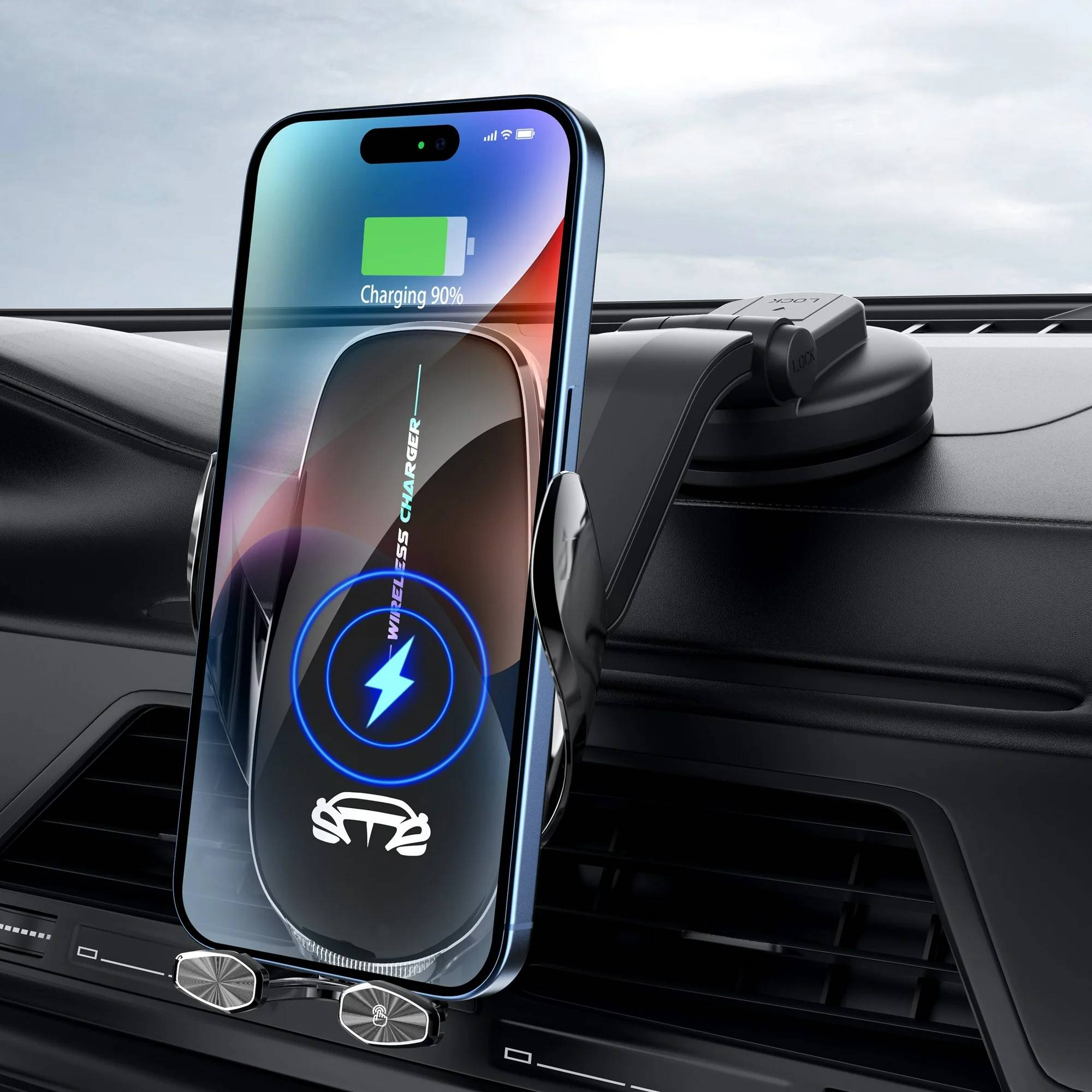 Features:

✅ Built-in battery supports 1000 times opening and closing : Buy this wireless charging car mount and say goodbye to the embarrassment of not being able to take out your phone after ignition. Note: The 200MA battery of the wireless car charger has been upgraded.

✅ Wireless Car Charger Efficient: Up to 15W wireless car charger that automatically identifies the charging power of your phone to improve charging. Like other Qi-appliances, the standard charging power up to 15W is compatible with most phones with wireless charging capabilities. Note:are not supported Samsung Galaxy z flip/z fold, iPhone 12/13 mini.

✅ High temperature resistance of heavy suction cup: The wireless car charger mount base is equipped with the strongest suction cup and professional 3M glue (high temperature resistance) in the whole network. After many tests, heavy duty suction cups can withstand more than 30 pounds. You don't have to worry about it overturning through speed bumps or field tests. A good phone mount for car wireless charger can prevent accidents and improve your driving safety.

✅ Auto-sensing opening and closing design: The one-handed operation of the wireless car charger stand makes driving easier and safer. Simply bring the phone close to the base and the arm will open automatically. The arm of the wireless car charger will automatically hold all phones with a width of 2.36-3.15 inches tightly while it starts charging. Tap the sensor in the lower right corner when removing to release the phone. Note: This product needs to be connected to the car QC3.0 charger to work.

Package Included:
1* wireless car charger
1* wireless car charger mount
1* ventilation clip
1* Type-C data cable