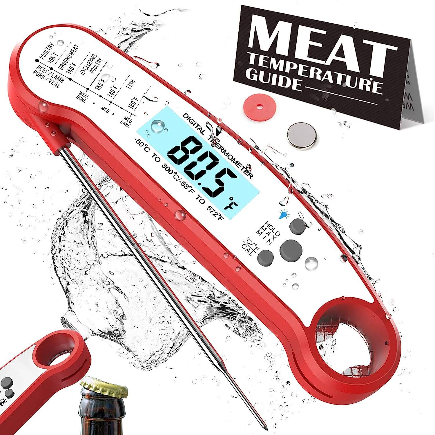 ✅BESTCROF wireless thermometer for grill - meat thermometer digital, instant read thermometer for cooking, BBQ, Kitchen - Fast Digital Food Thermometer.

✅Kitchen Thermapen Thermometer - Try our digital cooking thermometer kitchen tool with many uses including a frying thermometer baking thermometer grill thermometer digital probe liquid thermometer and more.

✅Digital Instant Read Grill Thermometer- Accurate Reading & Ultra Fast, Equipped with a food grade stainless long probe, thermometer takes the temperature in a little as 2 seconds and is accurate to ±1°C(1.8℉) degrees with a wide range of -58℉~572℉（-50°C~300°C), Our meat thermometer for grilling and deep fry thermometer can help perfect your cooking.

✅Probe thermometer - A food thermometer instant read meat temperature probe can make a big difference so add our meat probe to your grill tools and see the power of a digital thermometer cooking aid.

✅BBQ Cooking Thermometer - Our instant read thermometer digital BBQ accessories are great for indoor/outdoor cooking whether you need a general grilling thermometer or just a steak thermometer.

Packing listing:
1 x Meat Thermometer.
1 x User Manual.
1 x Food Temp Chart.
1 x CR2032 Button Battery (installed).
1 x Battery Case Opener.