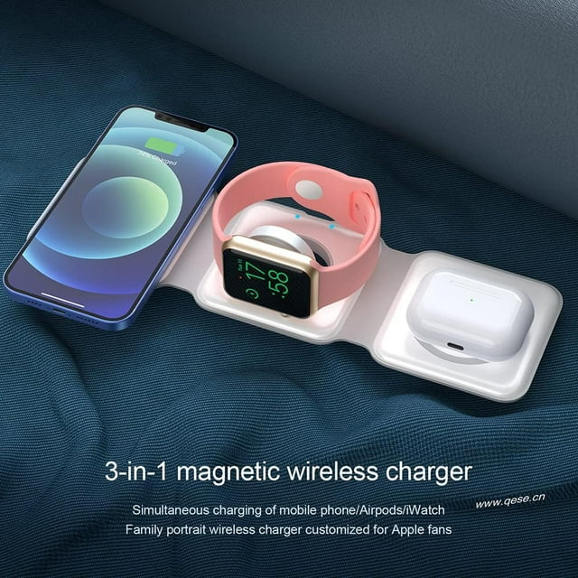 delpattern 3 in 1 Charging Station for iPhone, Magnetic Foldable Wireless Charger for iPhone 14 13 12 11/Pro/XS/XR,AirPods 3/2/Pro, Charger Dock Station for iWatch 7/6/5/4/3/2, White

✅✅ Why choose the 3-in-1 Foldable Wireless Charger?
✅ It combines the advantages of wireless charging and avoids some shortcomings in function and volume. Therefore, this magnetic folding charger can be bought and used with confidence!
✅ IDEAL SIZE, SMALL AND LIGHTWEIGHT, MULTI-DIMENSIONAL USE, EFFICIENT AND CONVENIENT, SAFETY PROTECTION. Use it to charge your iPhone, iWatch and AirPods. It will be the best choice for daily use and travel.

Kind regards:
1. Please make sure your device supports wireless charging before use.
2. Please avoid charging with case thickness more than > 2MM.
3. If the working temperature exceeds 122°F, charging will be interrupted to avoid damage to the devices.