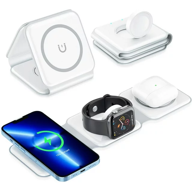 delpattern 3 in 1 Charging Station for iPhone, Magnetic Foldable Wireless Charger for iPhone 14 13 12 11/Pro/XS/XR,AirPods 3/2/Pro, Charger Dock Station for iWatch 7/6/5/4/3/2, White

✅✅ Why choose the 3-in-1 Foldable Wireless Charger?
✅ It combines the advantages of wireless charging and avoids some shortcomings in function and volume. Therefore, this magnetic folding charger can be bought and used with confidence!
✅ IDEAL SIZE, SMALL AND LIGHTWEIGHT, MULTI-DIMENSIONAL USE, EFFICIENT AND CONVENIENT, SAFETY PROTECTION. Use it to charge your iPhone, iWatch and AirPods. It will be the best choice for daily use and travel.

Kind regards:
1. Please make sure your device supports wireless charging before use.
2. Please avoid charging with case thickness more than > 2MM.
3. If the working temperature exceeds 122°F, charging will be interrupted to avoid damage to the devices.