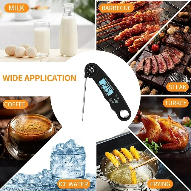 ✅ The cooking thermometer takes the temperature in a little as 2 seconds and is accurate to ±1°C(1.8℉) degrees with a wide range of -58℉~572℉（-50°C~300°C).

✅ With professional IP67 rated waterproof design, thermapen thermometer can be washed under running water without fear! Incredible waterproof performance makes it easier to clean.

✅ Easy Storage & Built-in Magnet, the wireless meat thermometer has built-in magnet and a hanging hole with bottle opener function.

✅ The LCD Digital Meat Thermometer is perfect for indoor/outdoor cooking, grilling, BBQ and more. No matter what you're cooking, this instant read meat thermometer is the best assistant for you.

Packing list:
1x Food Thermometer
1x Manual Book
1x Battary