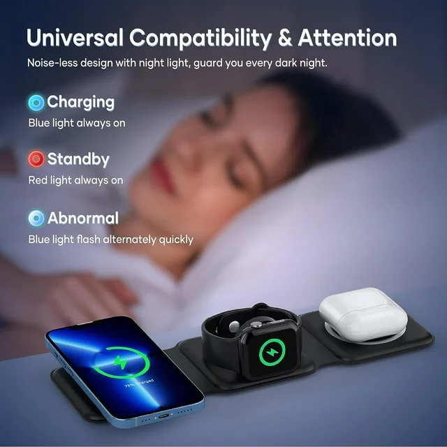 Juyafio 3 in 1 Charging Stations, Magnetic Foldable Wireless Charger,Cell Phone Charging Stations for Travel Compatible with iPhone 14 13 12 11/Pro/XS/XR,AirPods 3/2/Pro,iWatch 7/6/5/4/3/2, Black.

Why choose the 3-in-1 Foldable Wireless Charger?
1. It combines the advantages of wireless charging and avoids some shortcomings in function and volume. Therefore, this magnetic folding charger can be bought and used with confidence!
2. IDEAL SIZE, SMALL AND LIGHTWEIGHT, MULTI-DIMENSIONAL USE, EFFICIENT AND CONVENIENT, SAFETY PROTECTION. Use it to charge your iPhone, iWatch and AirPods. It will be the best choice for daily use and travel.

Kind regards:
1. Please make sure your device supports wireless charging before use.
2. Please avoid charging with case thickness more than > 2MM.
3. If the working temperature exceeds 122°F, charging will be interrupted to avoid damage to the devices.