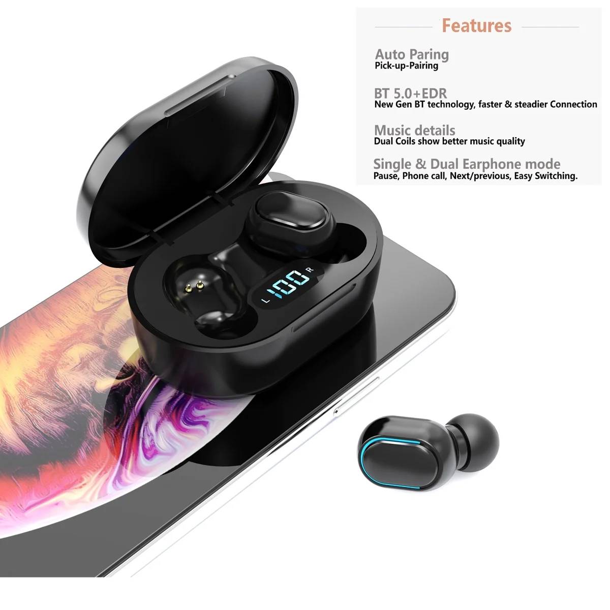 True wireless earbuds, your ideal companion for sports, gaming.

✅ Hi-Fi Stereo Sound Quality
♬♬ Bluetooth earbuds with advanced Bluetooth V5.0 transmission technology brings you the equal high quality sound effect of a cord headphone, which can provide deep and powerful bass and balanced audio clarity. Built-in microphones support phone calls, you can enjoy fantastic music with your friends while walking, exercising, reading.

✅ 12H Play Time with Charging Case
♬♬ Wireless headphones can last for 4 hours on a single charge. The charging case can charge the two earbuds for 3 times. So the two earbuds can last up to 12 hours. With Type-C quick charge, bluetooth earphones only takes 40min to fully charge the case.

✅ Quick Pairing
♬♬ Simply take 2 headsets out from the charging case, and they will connect each other automatically and then only one step easily enter smartphone to pair the earbuds.

✅ Secure Fit, IPX5 Waterproof
♬♬ Ergonomic design and IPX5 Waterproof technology makes it ideal for outdoor activities and casual sports. ensure your headphones stay snug fatigue free and tangle free for prolonged enjoyment.

Specifications:
Bluetooth Version: V5.0+EDR
Playtime: 12 hours
Charging Time: about 40min
Charging Case Specs: 300mAh
Working Distance：about 10 meters