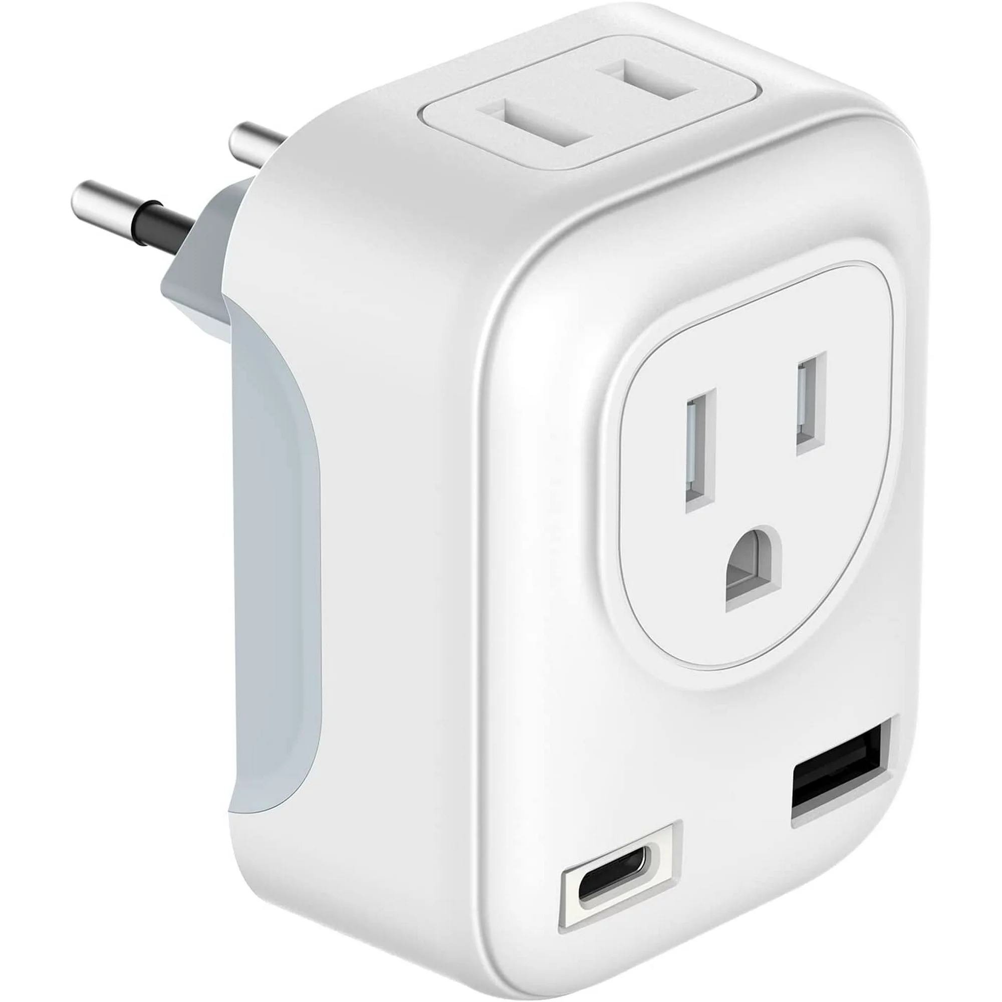 ✅Juyafio one pack universal travel adapter: The European travel plug adapter turns one European Type C socket into 1 standard American outlets & 1 USB and 1 USB C charging ports, Max Capacity Up to 3750 Watt (max 250 Volt, 15 A); 1 USB Ports can charge up to 2.4A, USB C charge up to 3A, owing you charge 4 devices simultaneously.

✅Compatible in most European countries: such as Austria, Belgium, Croatia, Denmark, Finland, France, Germany, Spain, Turkey, Iceland, Italy, Israel, Switzerland, Amsterdam. ( NOTE: NOT WORK in UK/Ireland/Scotland).

✅This power plug adapter is small, compact and lightweight adaptor is perfect for travel, and it will fit tight to your devices and won't fall out.

✅Multi-purpose usage: quality electric adapter plugs can be used to charge smartphones, power banks, Bluetooth speakers, laptops, tablets and etc.

SPECIFICATION:
Travel Plug Adapter with USB ;
Rated input Power: 3750W- 15A , 250V ;
USB Total Output: 2.4A Max ;
Material: PC+ABS Flame ;
Dimensions: 3.03 x 2.99 x 2.4 inch (L*W*H) ;
Product Weight: 90.72g ;

PACKAGE INCLUDE:
1 X Travel Plug