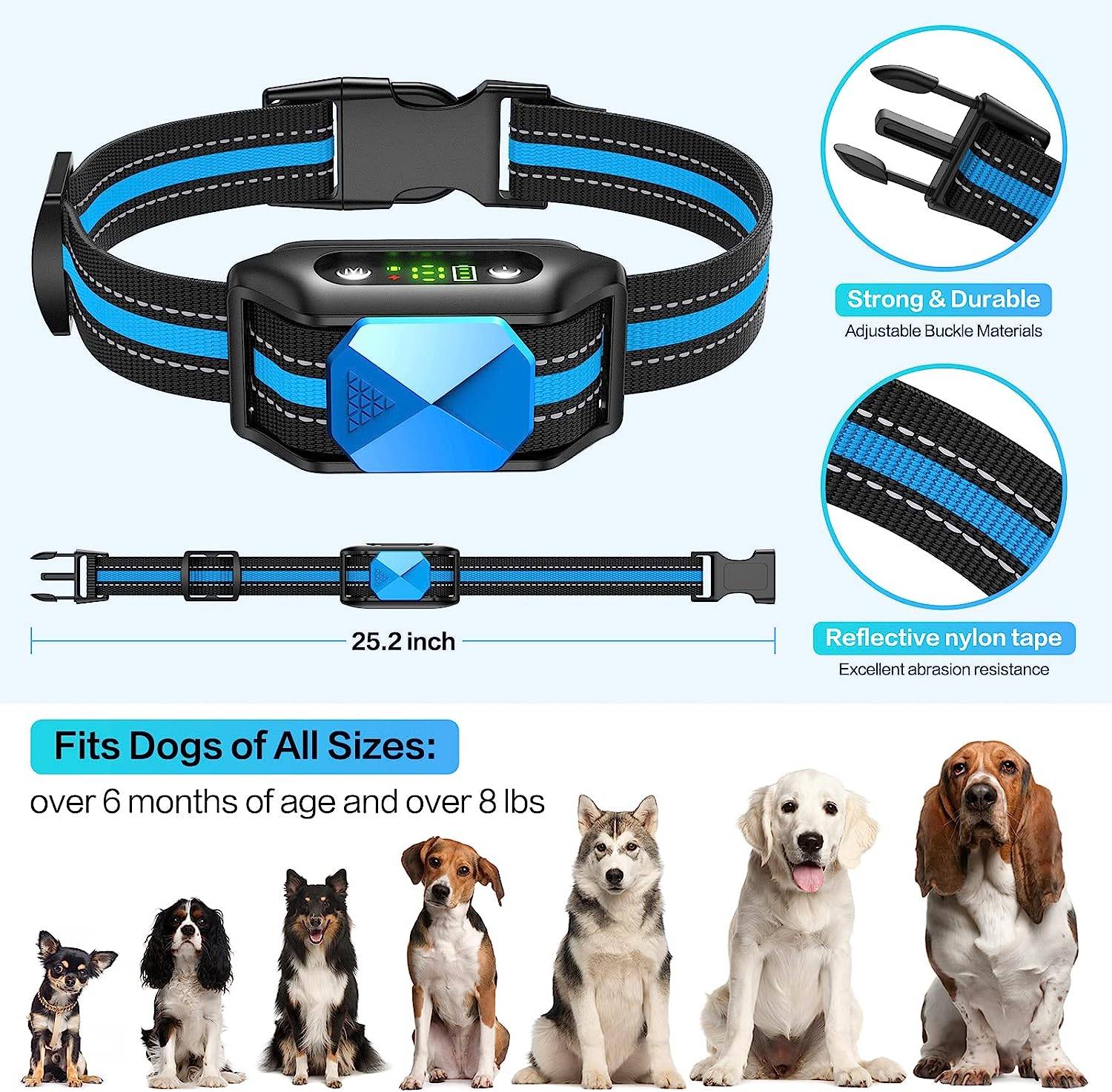 Two training modes, 5 levels of adjustable sensitivity, different dogs have different levels of barking, so we set different sensitivity levels. The higher the sensitivity level set by the dog bark collar, the more sensitive the dog bark will be, and the better the effect will be. The barking collar allows the collar to be used in any weather conditions. Because rain protection works effectively even in wet weather, you can now walk your dog anytime, anywhere, but not for swimming. You can keep an eye on your pets even in low visibility conditions, and also protect your pets from cars, etc.<br /><br />

Features:<br />
. 5 levels sensitivity adjustment, sound + vibration stop and anti-barking function.<br /><br />
. The anti barking training shock Collar works in automatic mode, in which sounds and vibrations are combined to effectively and safely stop the barking. Useful when you are not at home and your dog stays alone.<br /><br />
. Our rechargeable barking collar control device contains an integrated rechargeable battery, and can be fully charged in 2 hours for up to 15 days of work time. There are 3 green horizontal bars which shows the battery volume, easy to remind you to charge.<br /><br />
. The bark collar is adjustable for dogs weighing 6 to 150 lbs with a neck size of 23.6 inches Max. Adjust the strap according to the size of your dog.<br /><br />

Package list:<br />
1 x Bark Collar<br />
1 x Extra Replacement Collar<br />
1 x USB Charging Cable<br />
1 x Test Light<br />
1 x User Manual<br />
4 x Contact Points<br />
4 x Conductive Silicone<br /><br />

Warm Tips:<br />
. Must use Conductive Silicone to protect your dog's skin.<br />
. Long Contact Points design is better for hairy dogs.<br />